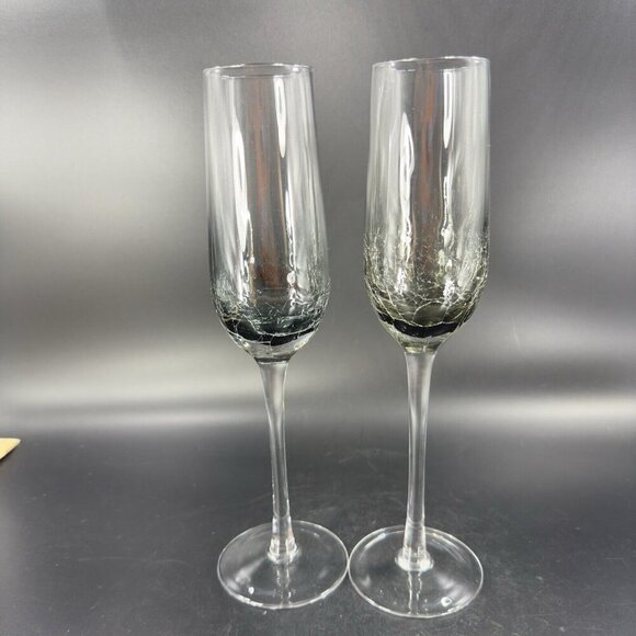 Pier 1 Smokey Black Crackle Glass Flute Drinking Glasses Set 2 Clear Bottom - Picture 11 of 13